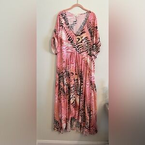 Loraletta Pink Animal Print Maxi Dress Milkmaid, Peasant, Babydoll!